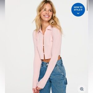 Aeropostale Long Sleeve Collared Crop Top - Light Pink - Small